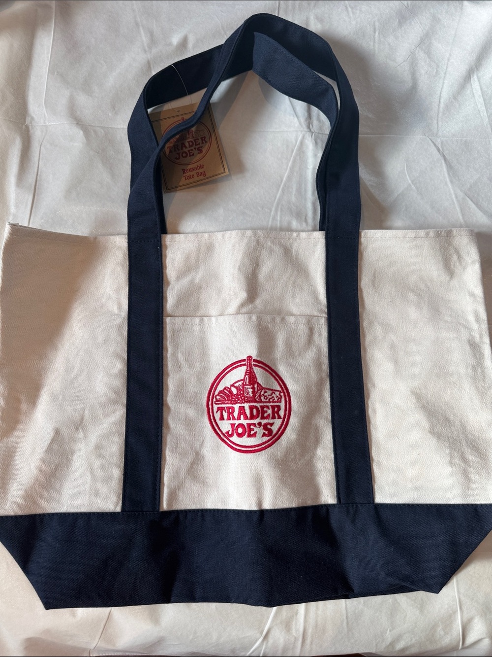 Trader Joe's Navy & Cream Logo Canvas Tote Bag